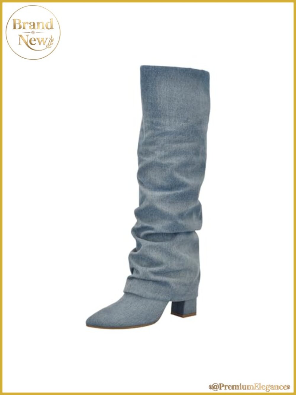 Knee High Foldover Block Heel Pull On Denim Boots